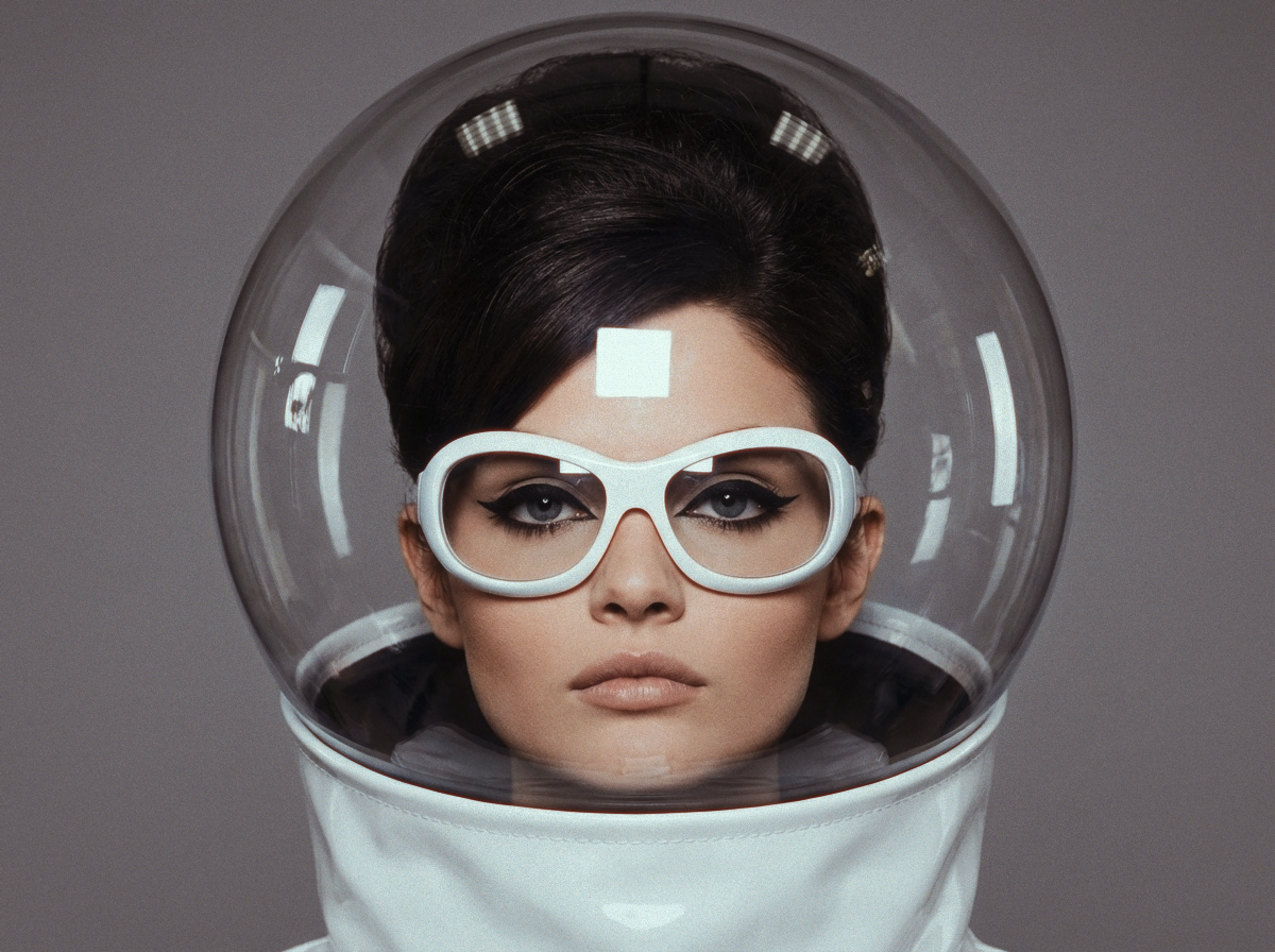 Close portrait of Valentina Valli in a space helmet